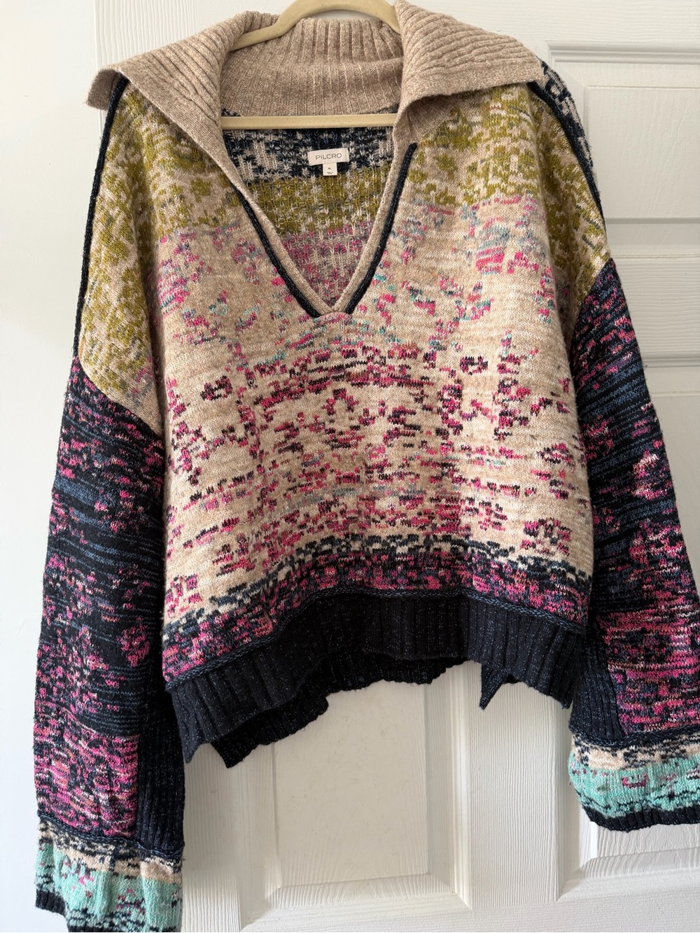 Pilcro Multicolor V-Neck Knit Sweater in Beige, Pink, Navy, Olive & Aqua